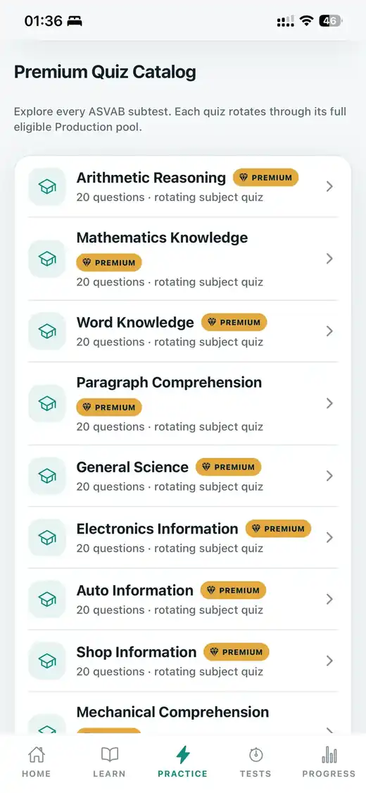 Premium subject quiz catalog