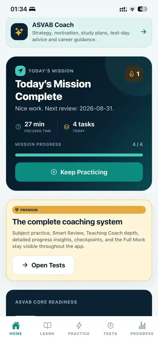 ASVAB Score Coach Today's Mission screen